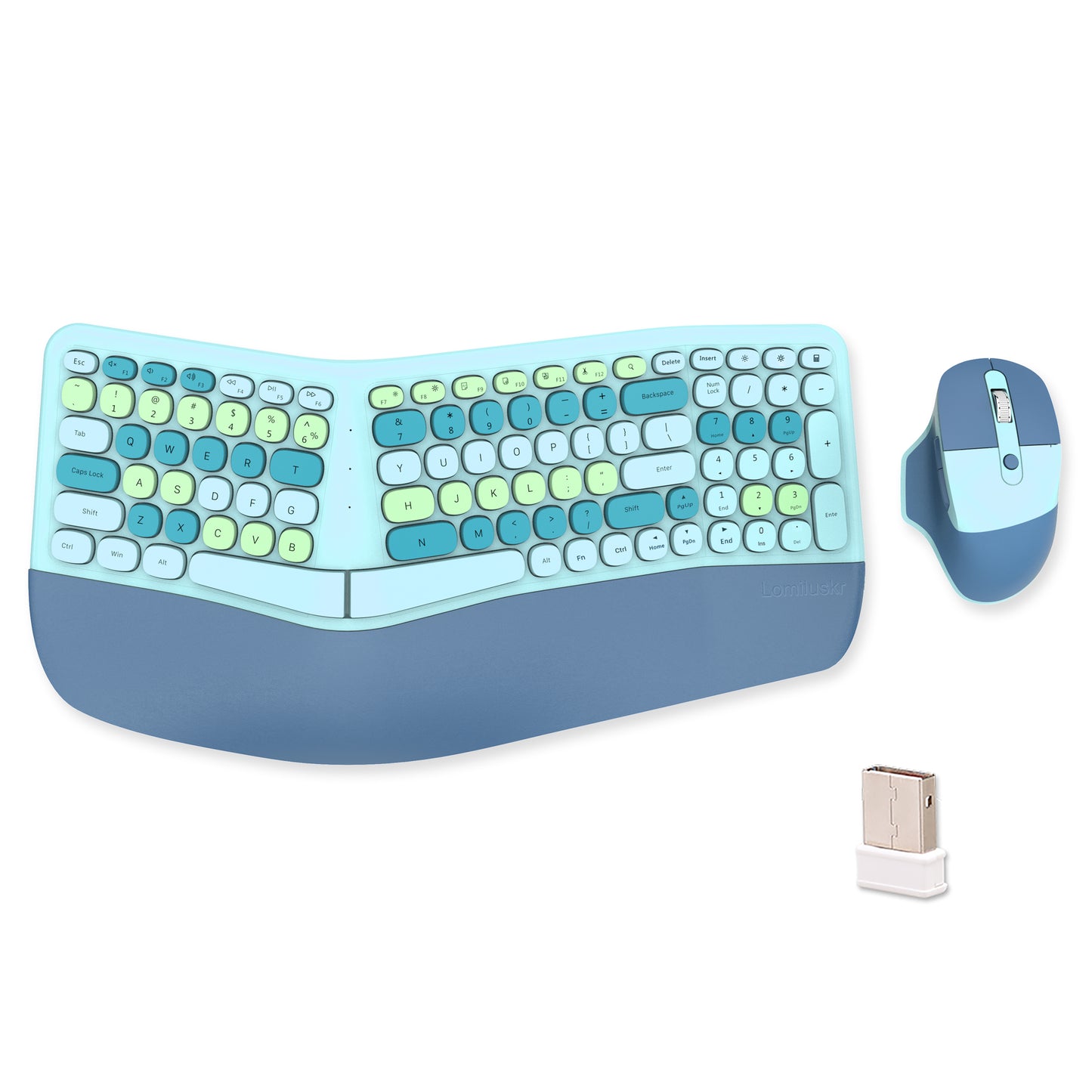 Colorful Wireless Ergonomic Keyboard and Mouse Combo with PU Wrist Rest