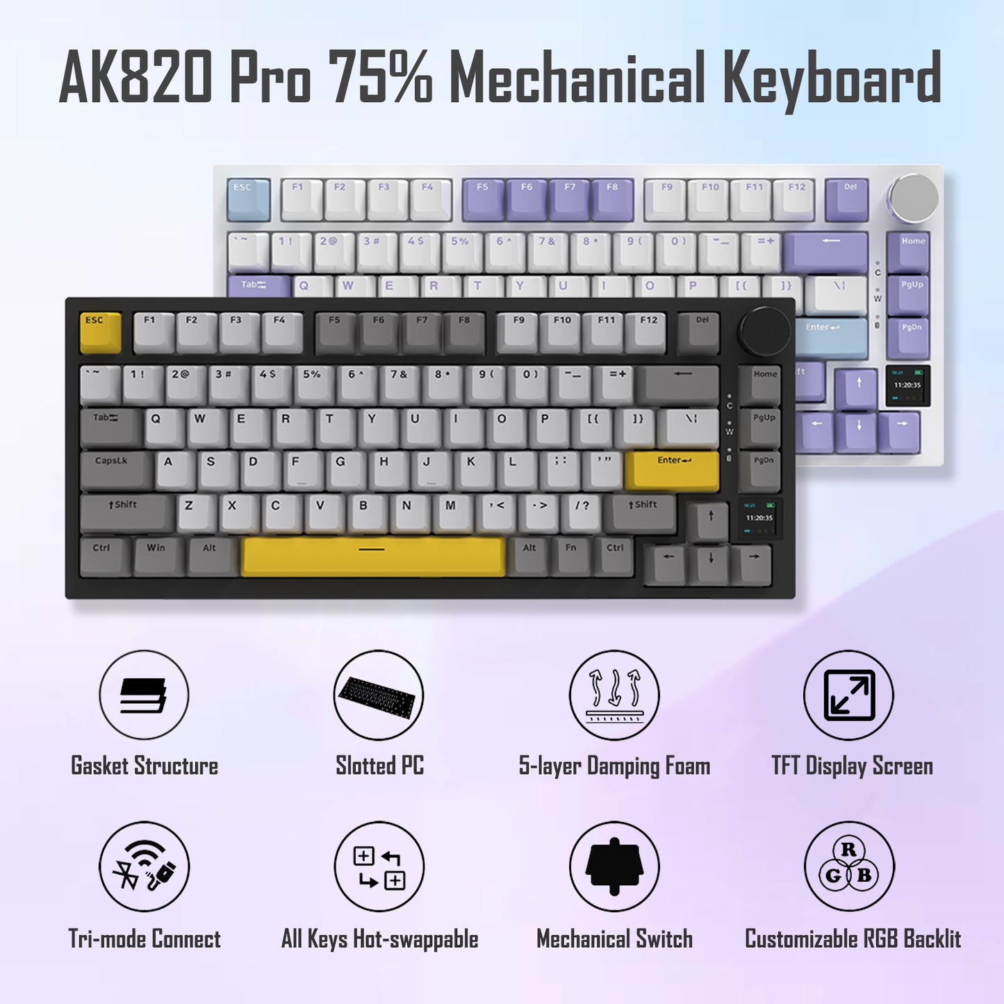 AJAZZ AK820 Pro 75% Gasket RGB Wireless Mechanical Keyboard with TFT Screen and Volume knob