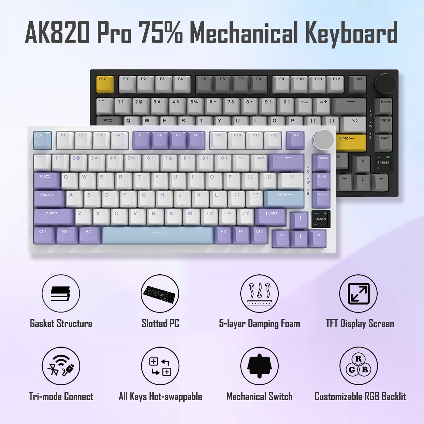 AJAZZ AK820 Pro 75% Gasket RGB Wireless Mechanical Keyboard with TFT Screen and Volume knob