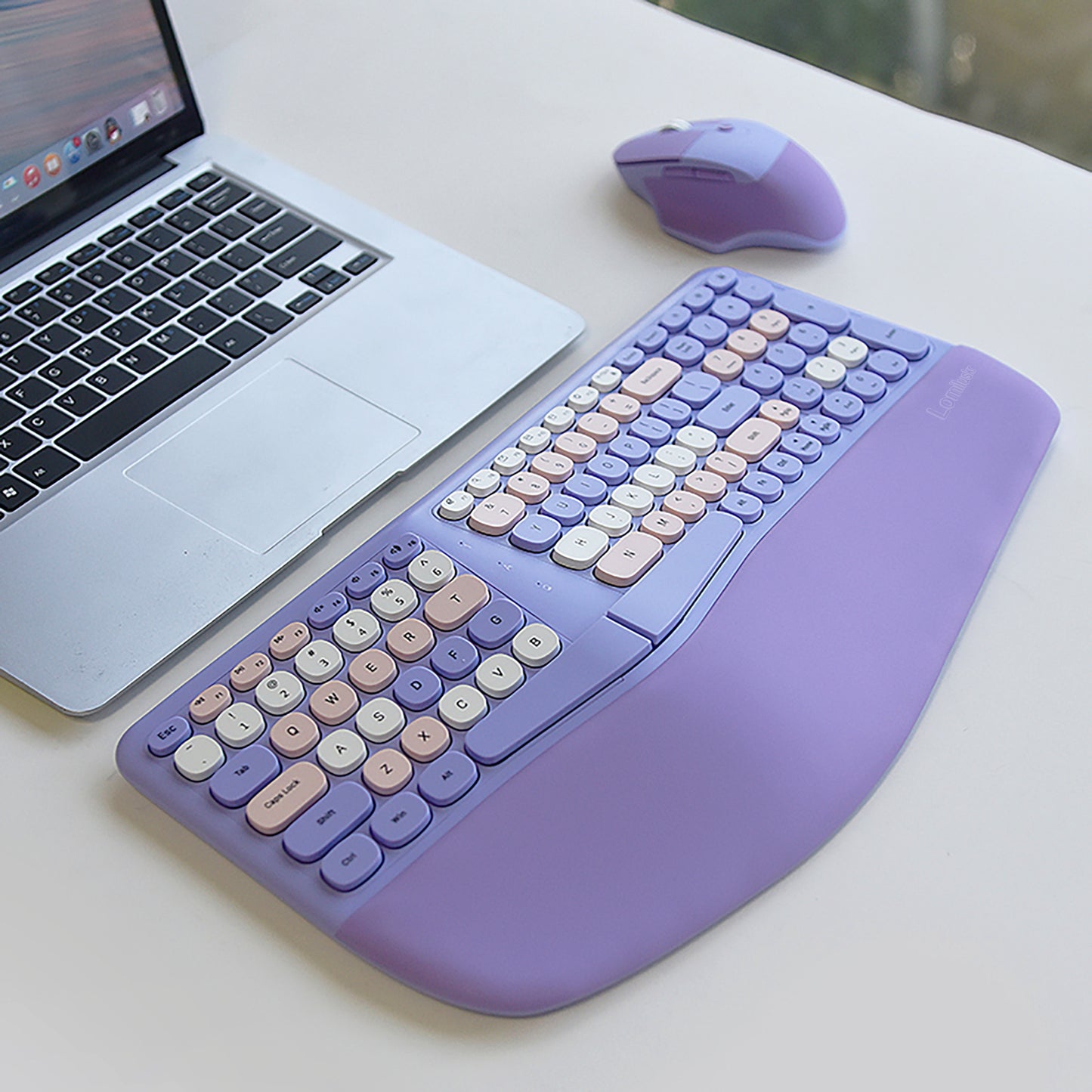 Colorful Wireless Ergonomic Keyboard and Mouse Combo with PU Wrist Rest