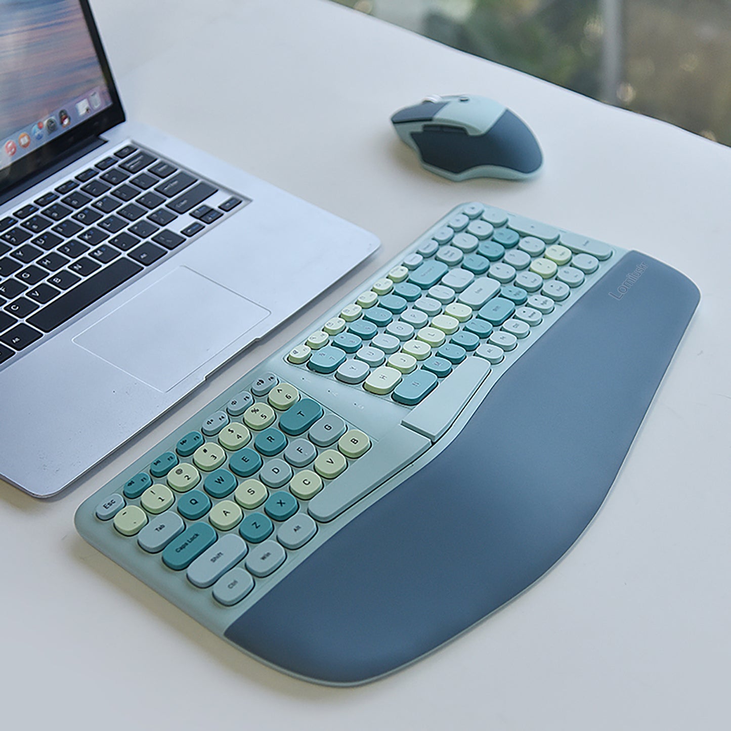 Colorful Wireless Ergonomic Keyboard and Mouse Combo with PU Wrist Rest