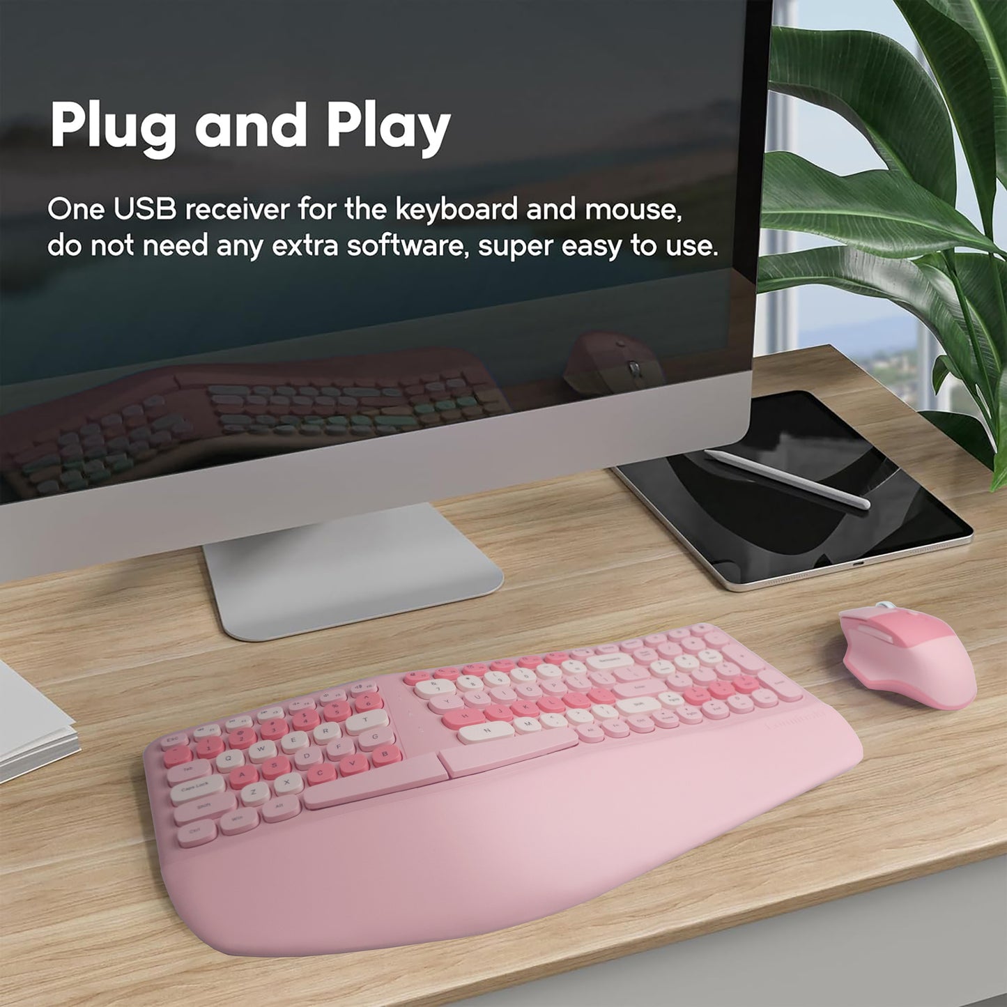 Colorful Wireless Ergonomic Keyboard and Mouse Combo with PU Wrist Rest