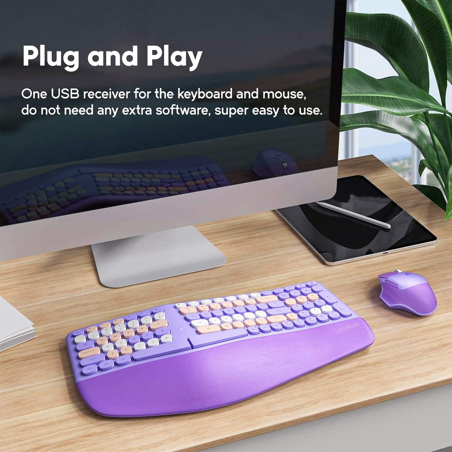 Colorful Wireless Ergonomic Keyboard and Mouse Combo with PU Wrist Rest
