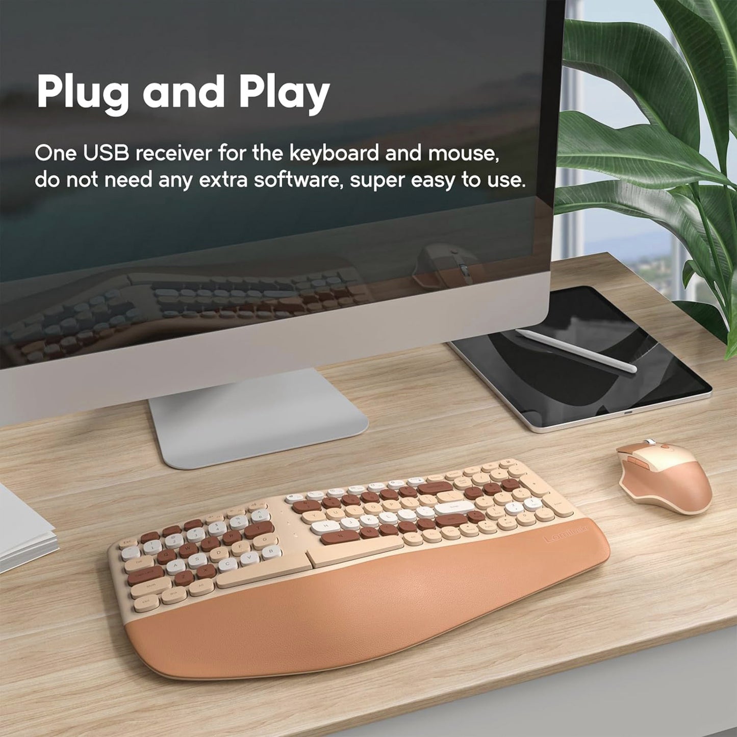 Colorful Wireless Ergonomic Keyboard and Mouse Combo with PU Wrist Rest