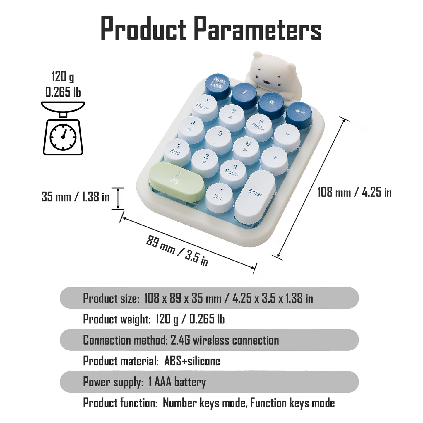 Colorful Wireless Numeric Keypad with Bear Silicone Case, Cute Bubble Numpad