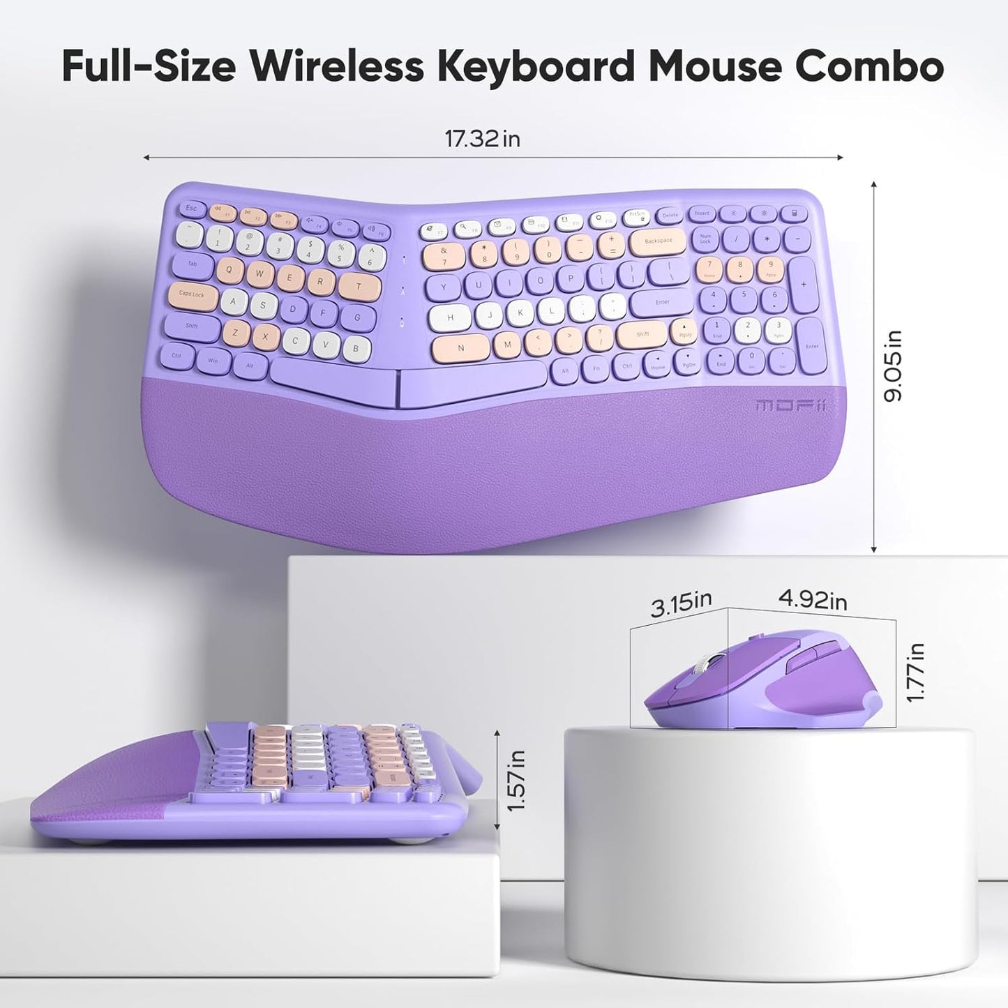 Colorful Wireless Ergonomic Keyboard and Mouse Combo with PU Wrist Rest