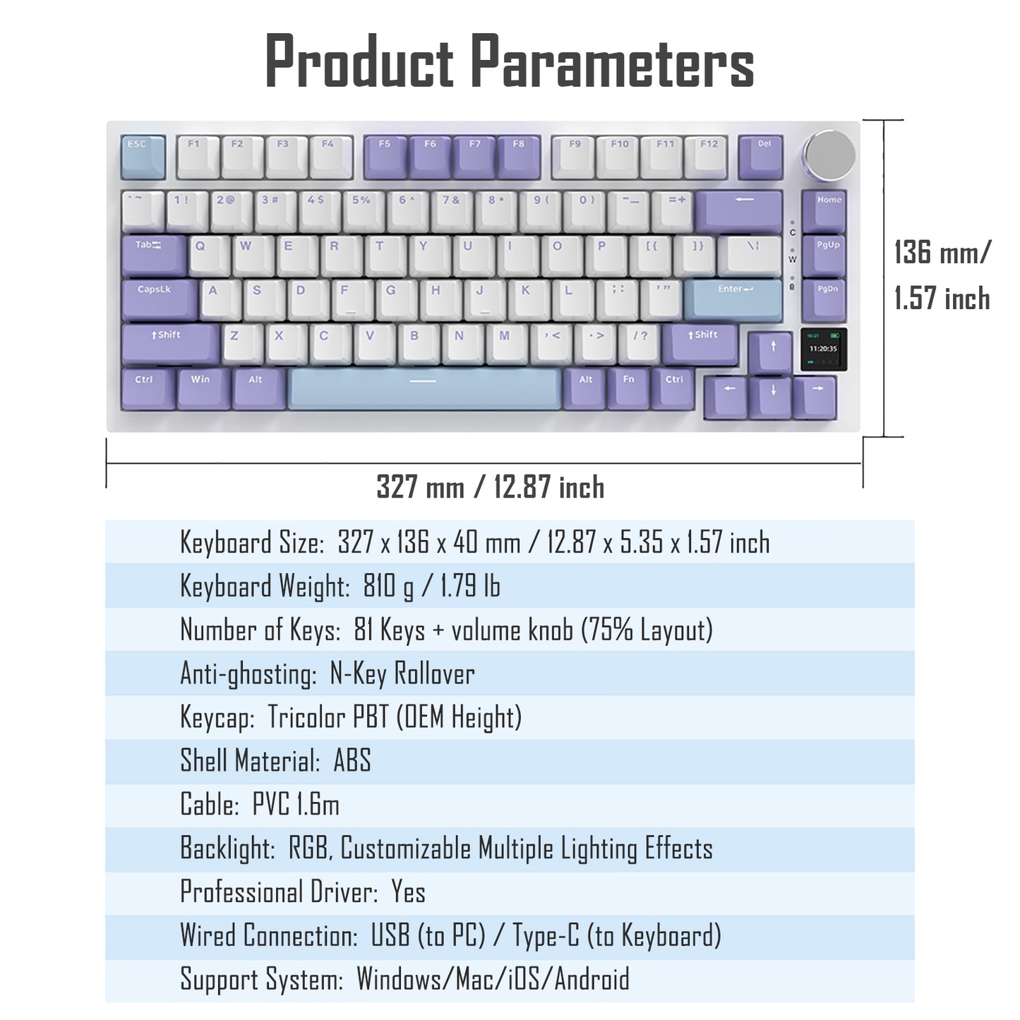 AJAZZ AK820 Pro 75% Gasket RGB Wireless Mechanical Keyboard with TFT Screen and Volume knob
