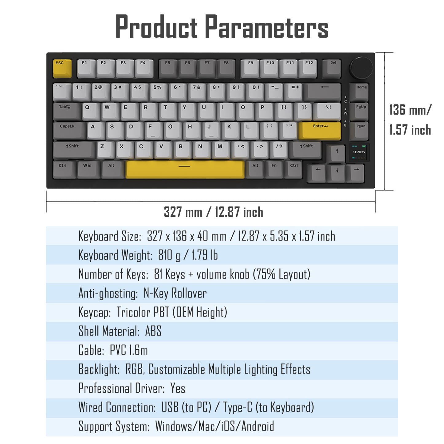 AJAZZ AK820 Pro 75% Gasket RGB Wireless Mechanical Keyboard with TFT Screen and Volume knob