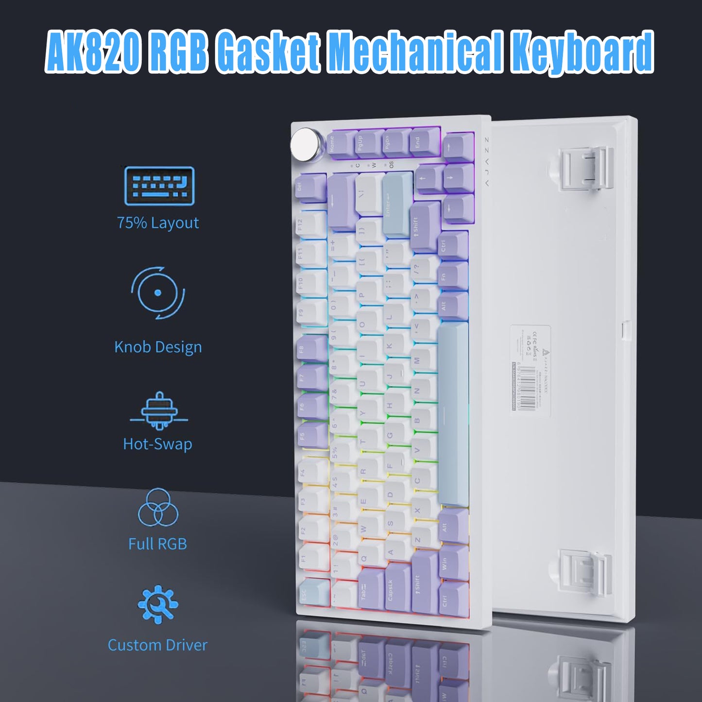 AJAZZ AK820 75% Wired RGB Gasket Mechanical Keyboard with Volume Knob