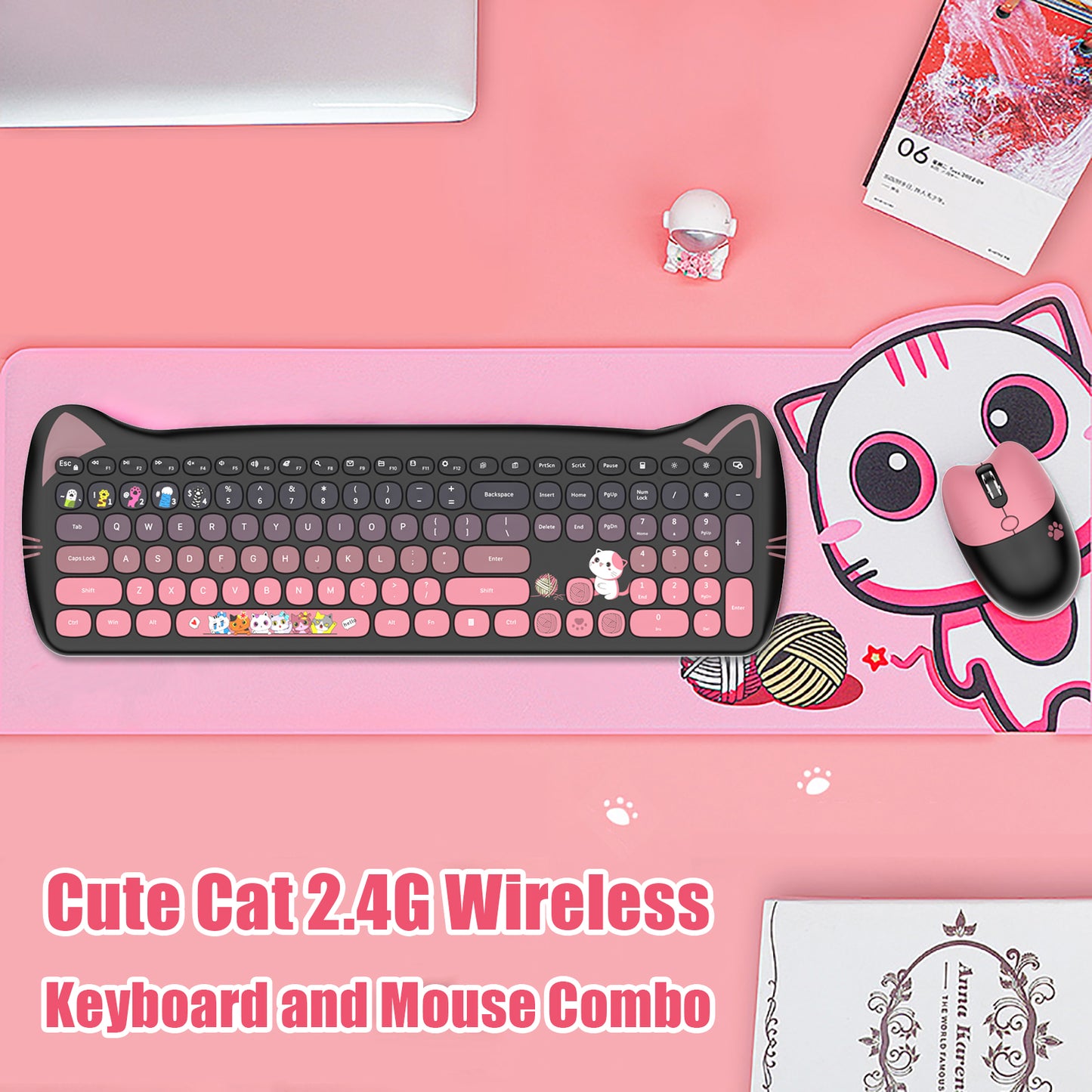 Cute Cat Full Size Wireless Keyboard and Mouse Combo