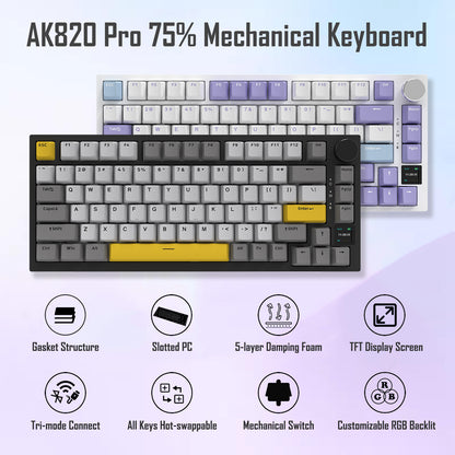 AJAZZ AK820 Pro 75% Gasket RGB Wireless Mechanical Keyboard with TFT Screen and Volume knob