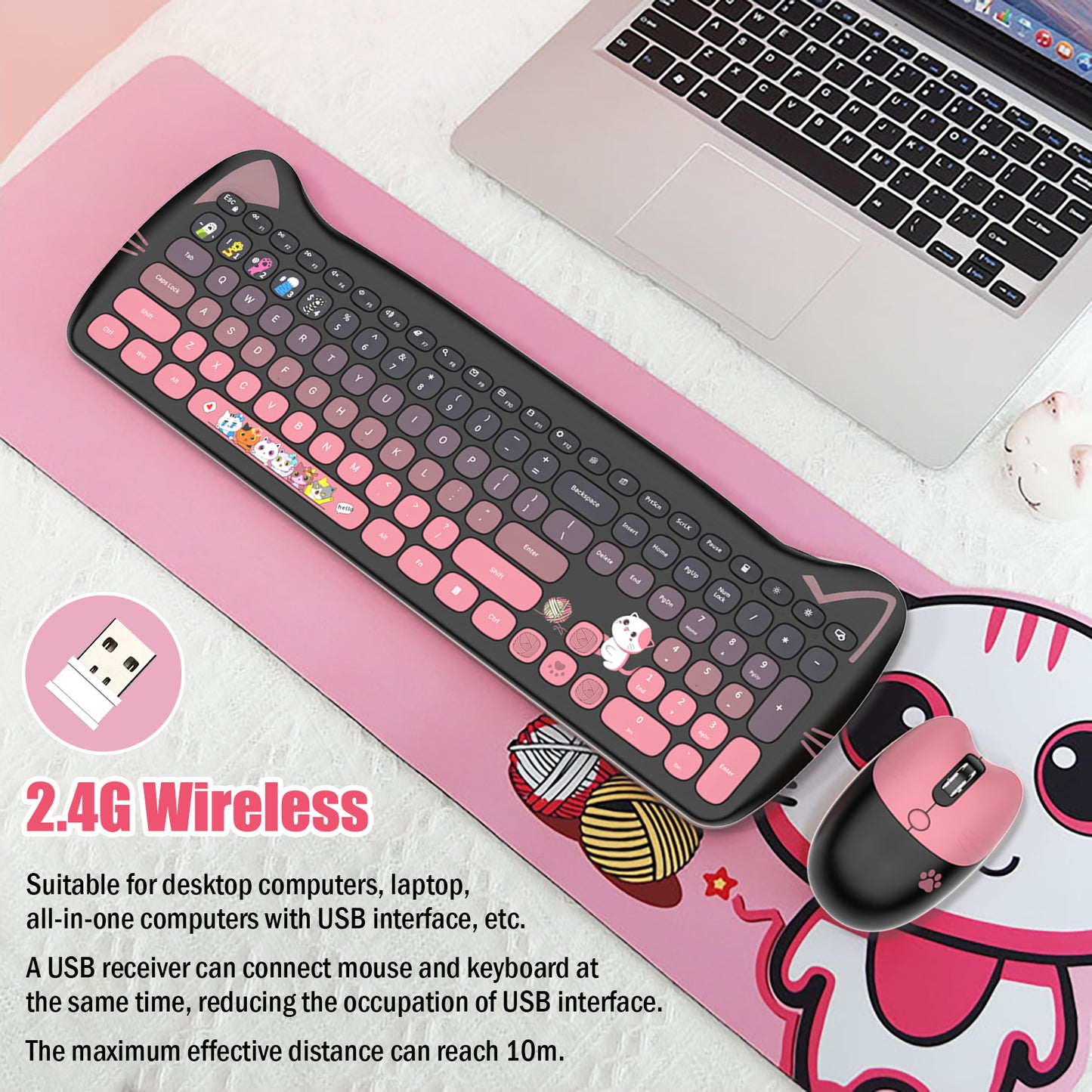 Cute Cat Full Size Wireless Keyboard and Mouse Combo