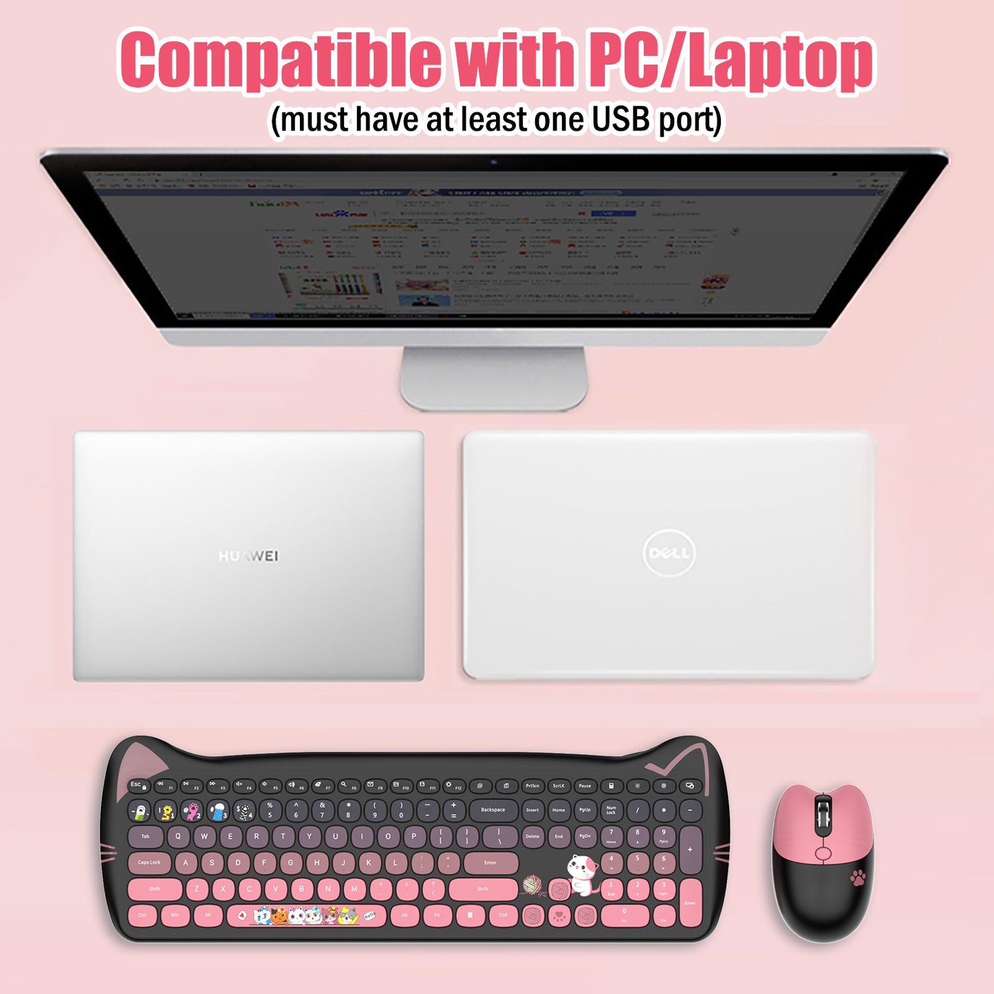Cute Cat Full Size Wireless Keyboard and Mouse Combo