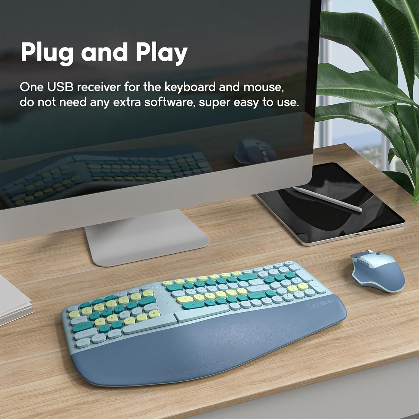 Colorful Wireless Ergonomic Keyboard and Mouse Combo with PU Wrist Rest