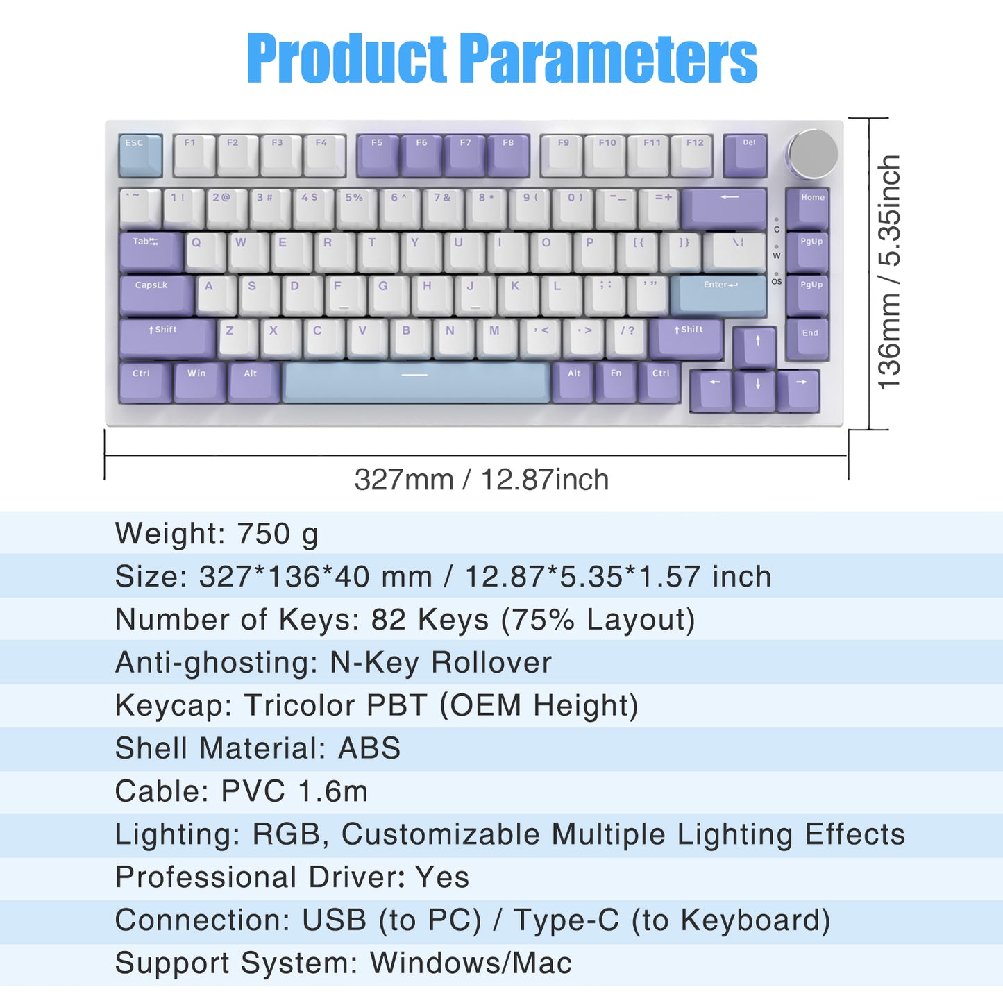 AJAZZ AK820 75% Wired RGB Gasket Mechanical Keyboard with Volume Knob