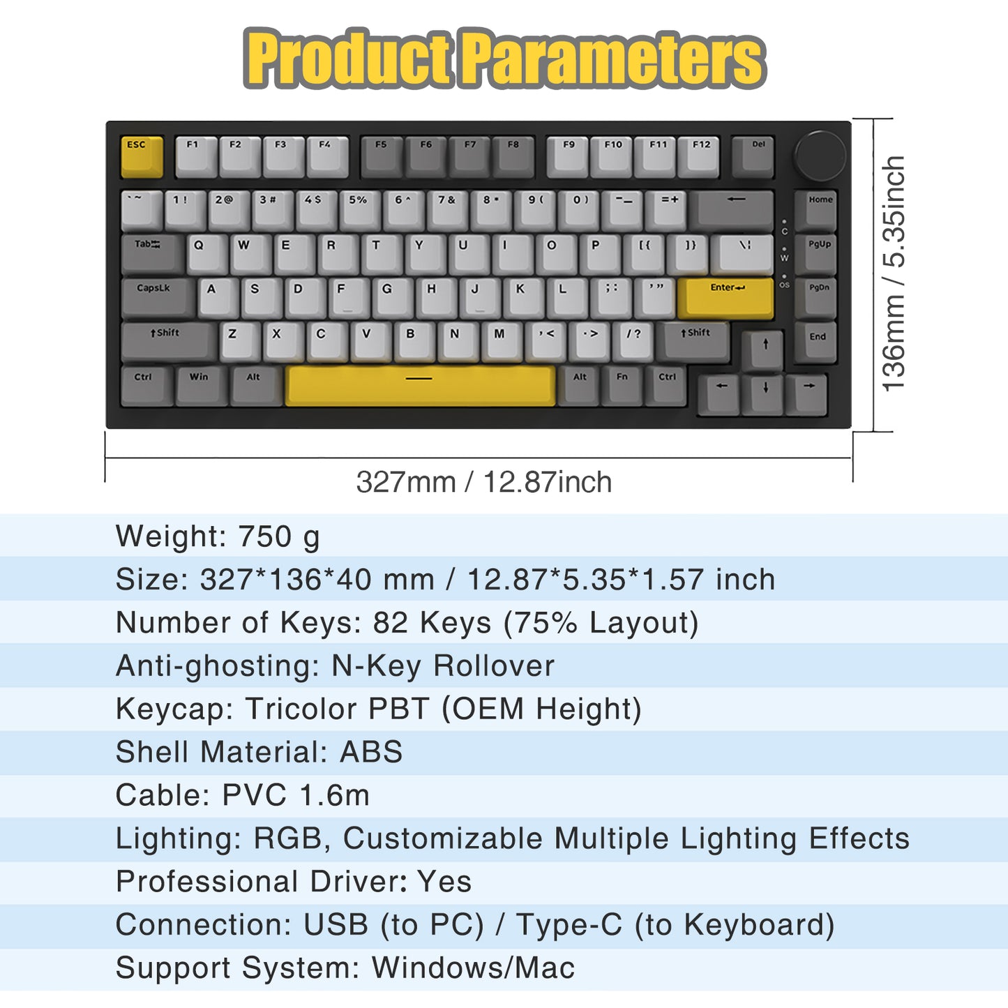AJAZZ AK820 75% Wired RGB Gasket Mechanical Keyboard with Volume Knob