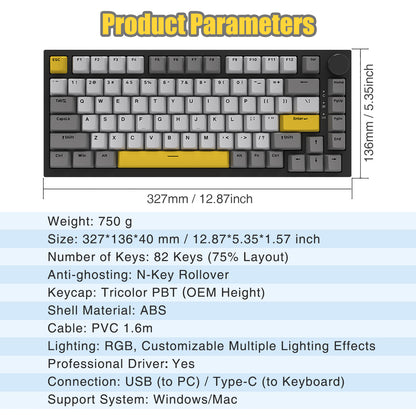 AJAZZ AK820 75% Wired RGB Gasket Mechanical Keyboard with Volume Knob