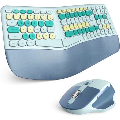 Colorful Wireless Ergonomic Keyboard and Mouse Combo with PU Wrist Rest